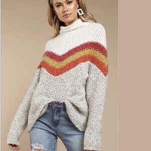 Free People Women’s Turn Around Tunic Mock Neck Chevron Chunky Sweater Size XS